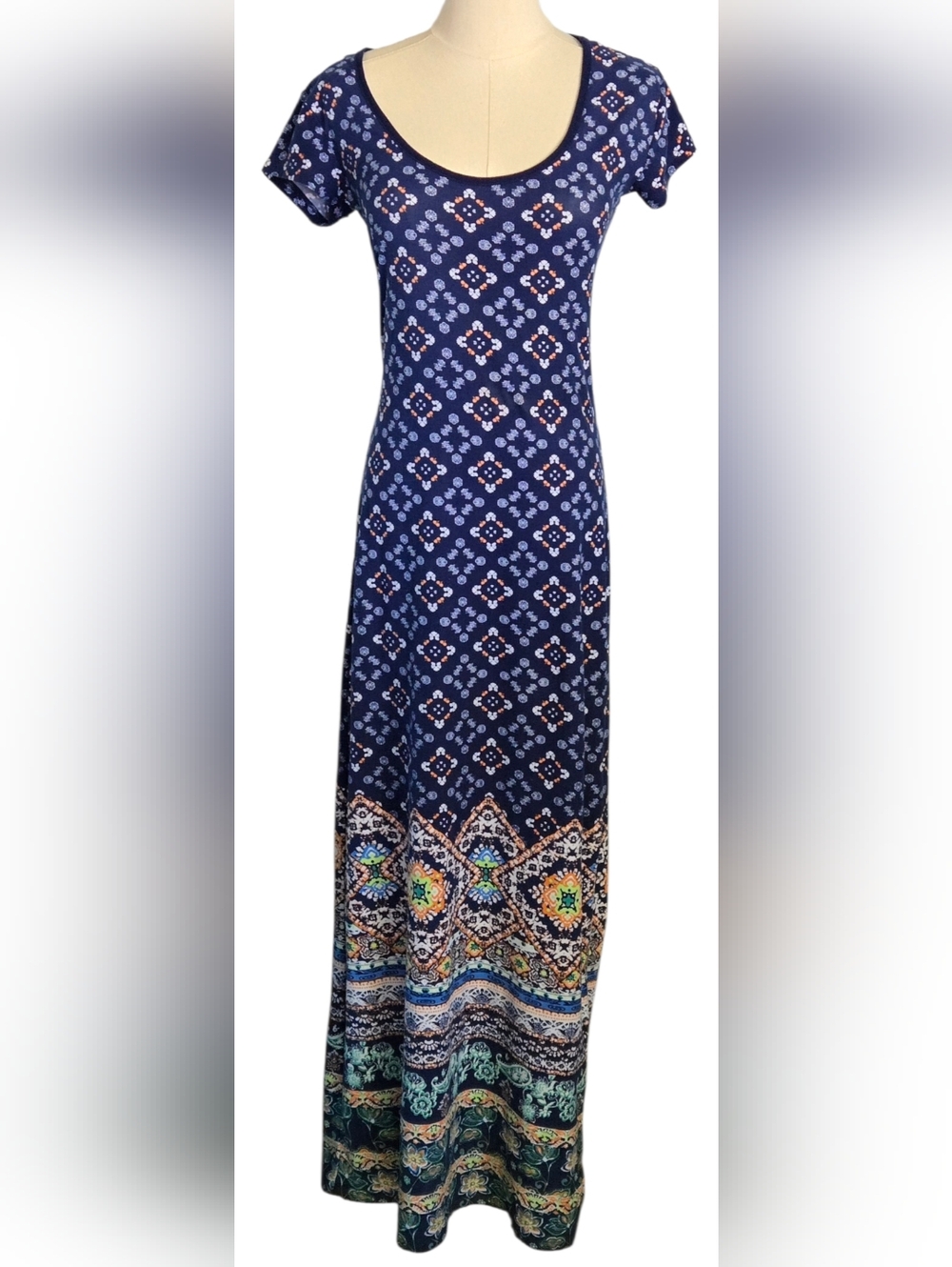 Derek Heart Y2k Blue/Multi-color Geometric Print Boho T-shirt Maxi Dress